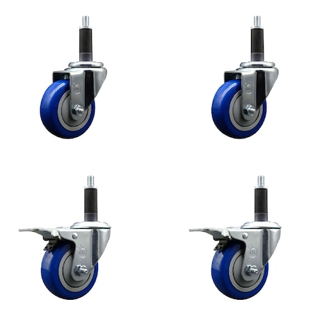 Service Caster 3.5'' SS Blue Poly Swivel 1'' Expanding Stem Caster Set 2 Total Lock Brakes, 4PK SCC-SSEXTTL20S3514-PPUB-BLUE-2-S-2-1